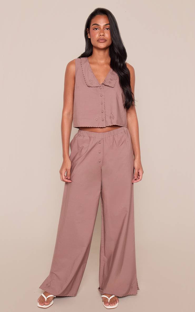 Marron Ensemble Crop Top À Col Avec Détails Brodés