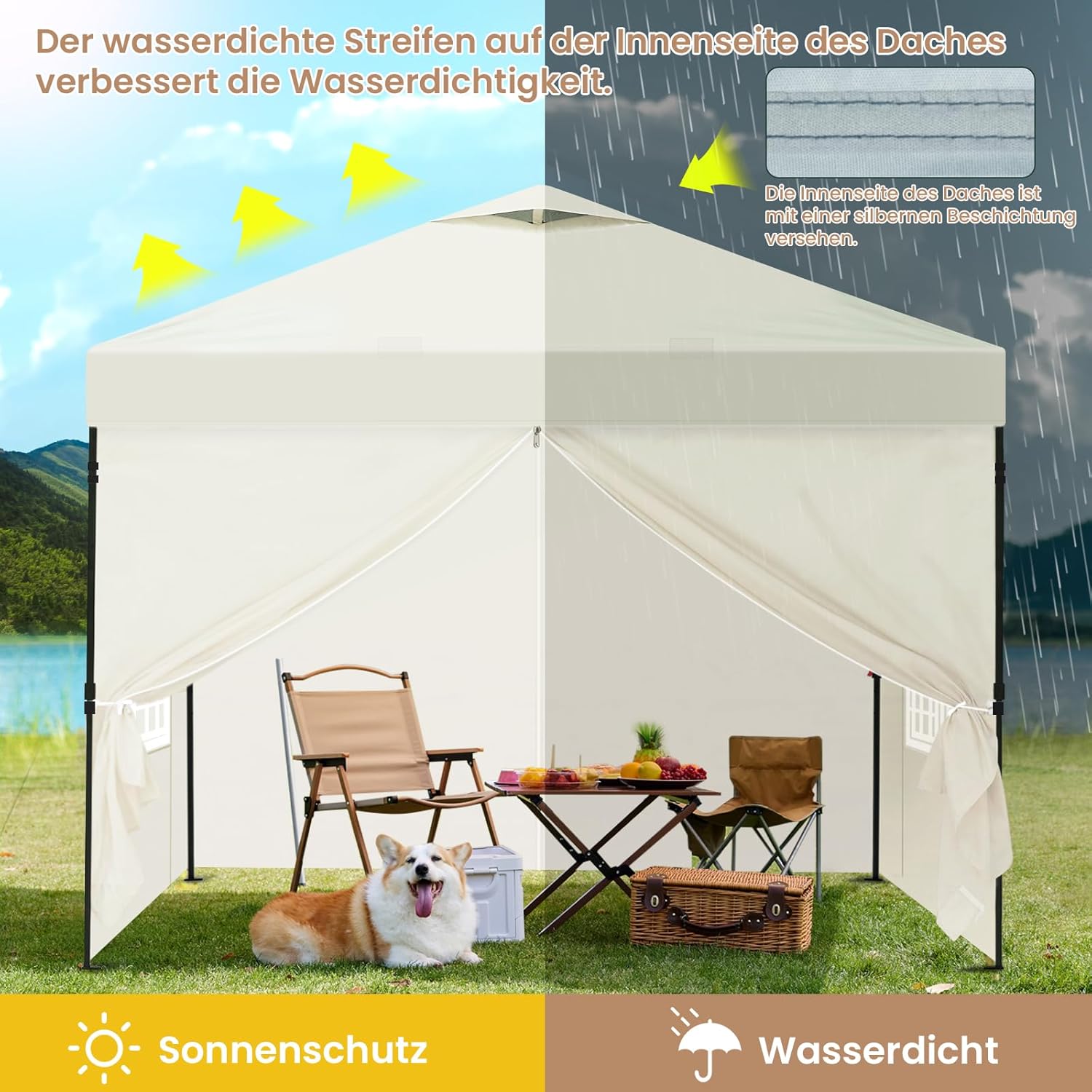 Laneetal Pavillon 3x3 m, Faltpavillon mit Seitenwänden, wasserfest stabil Winterfest, Outdoor Gartenpavillon, Partyzelt Gartenzelt, höhenverstellbar, UV Schutz, Metallrahmen, Beige