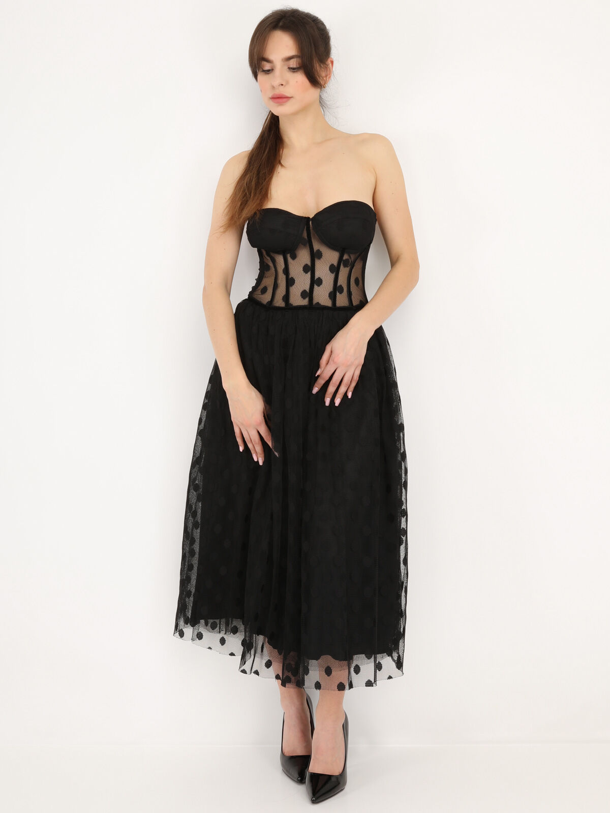 Robe corset en tulle à pois- Noir