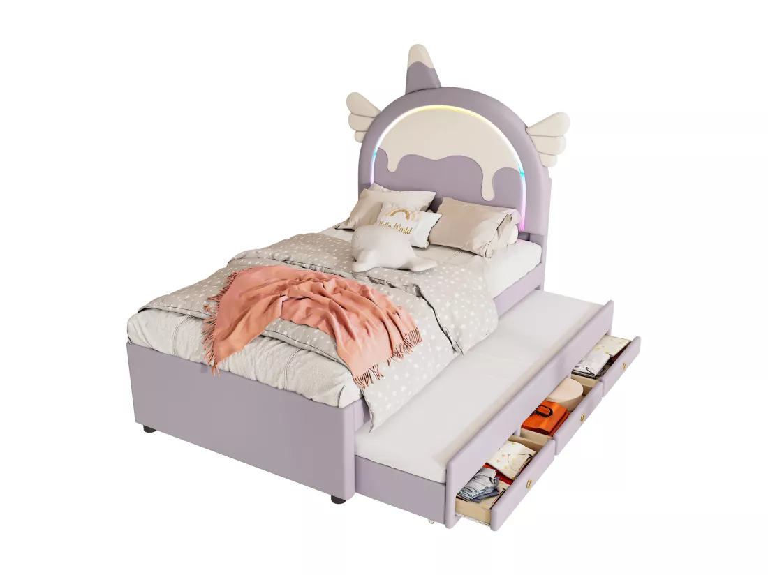 Lit gigogne 90 x 200 cm + 90 x 190 cm avec 3 tiroirs - Tête de lit en forme licorne - Similicuir - Violet