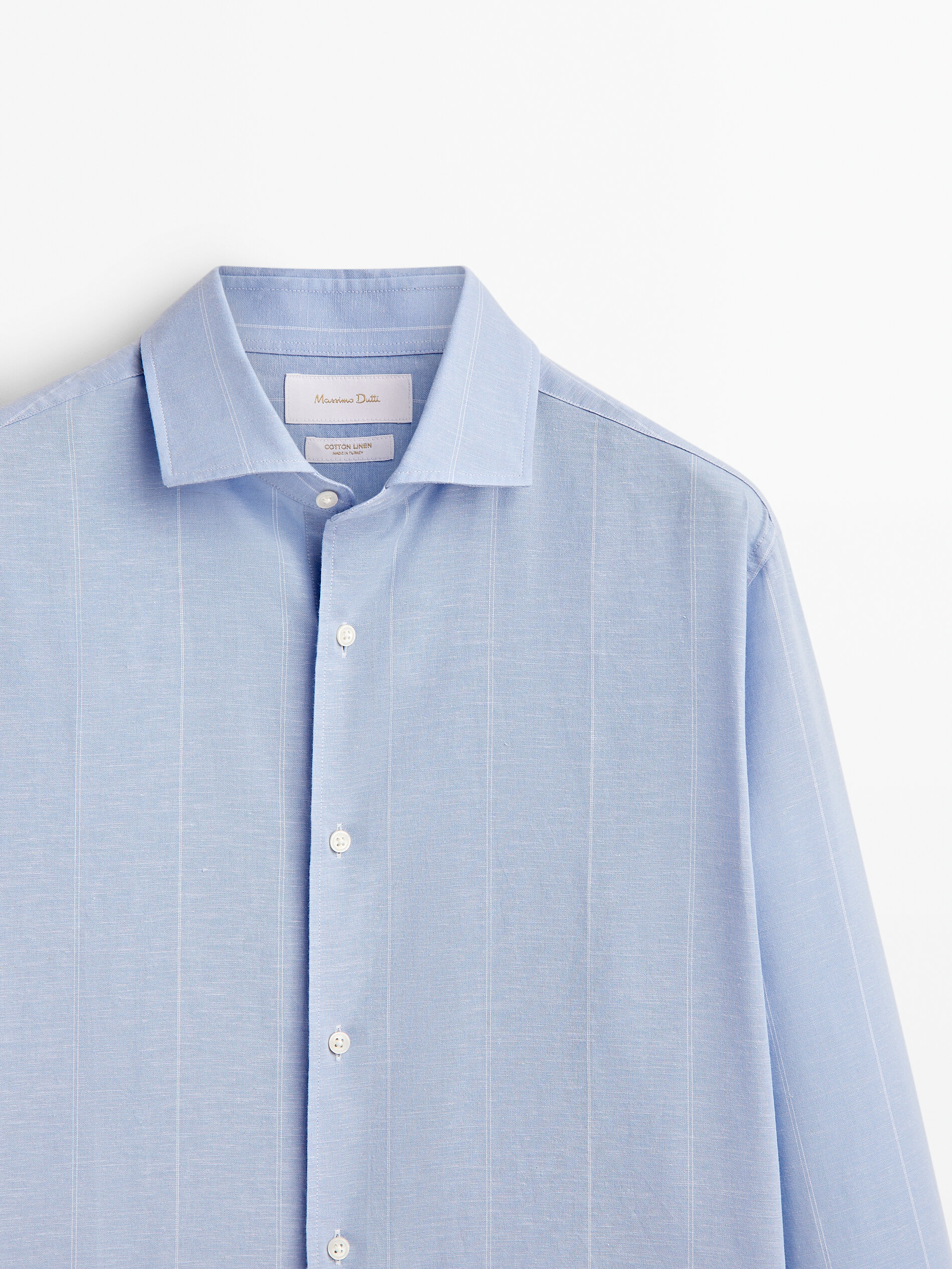 Camisa listrada de corte regular em mistura de algodão e linho - CELESTE