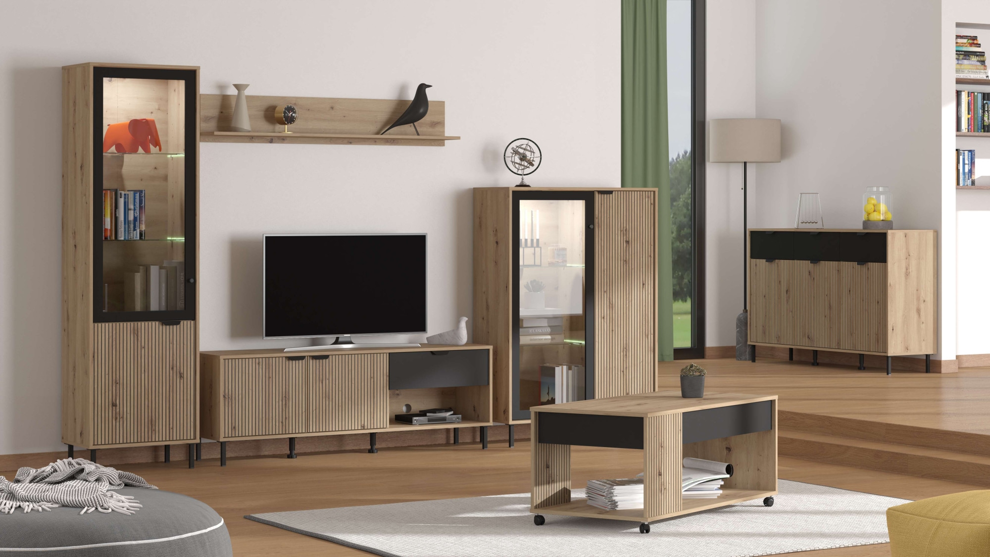 Home affaire Highboard »Mayenne Sideboard, Stauraumschrank, Anrichte, Hochschrank, Breite 93cm« Holztür mit Rillen-Optik, Glastür, Modernes Design