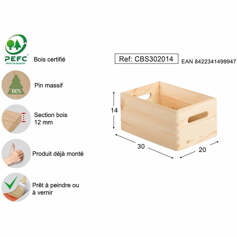 Caisse en bois de rangement 30 x 20 x 14 cm