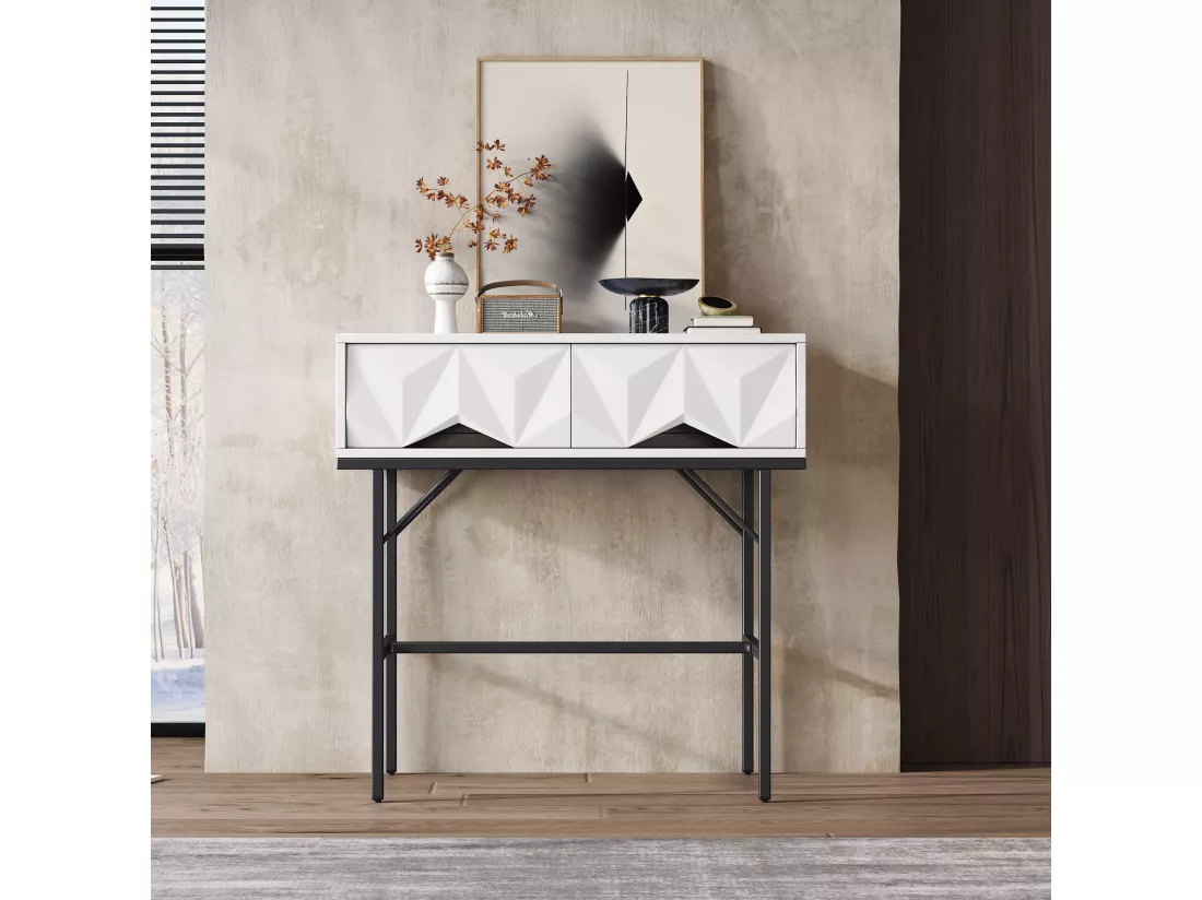 Table console moderne avec 2 tiroirs - 80 x 40 x 80 cm - MDF - pour salon, couloir - blanc + noir