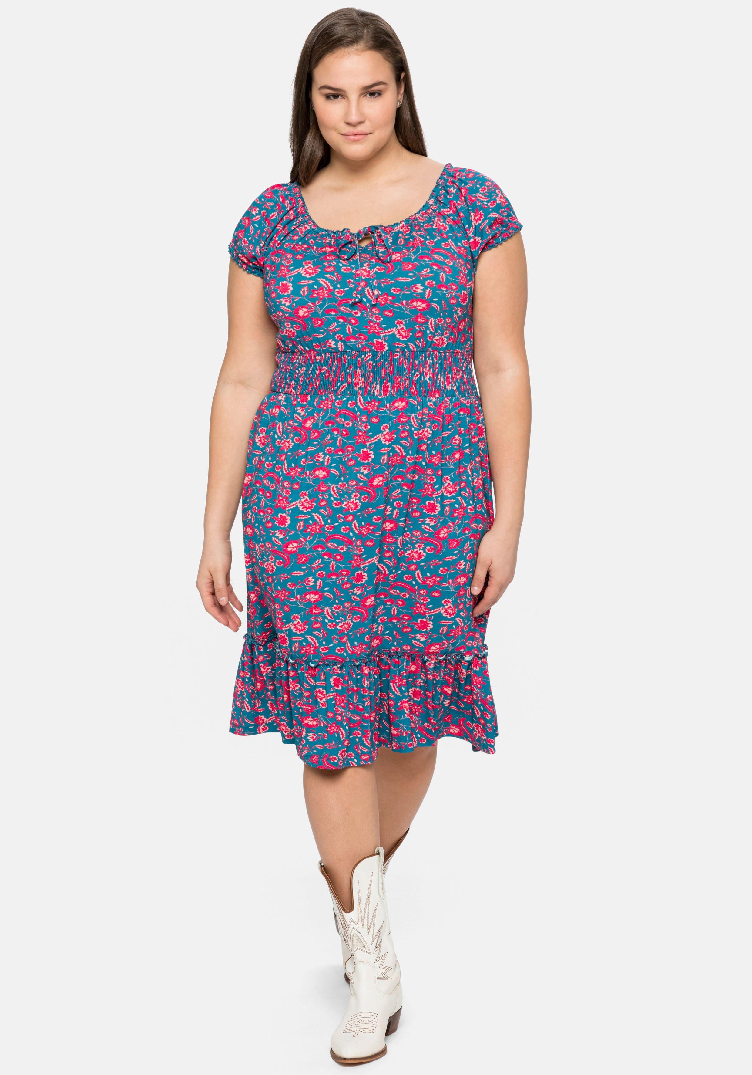 Jerseykleid mit Blumendruck und Carmenausschnitt