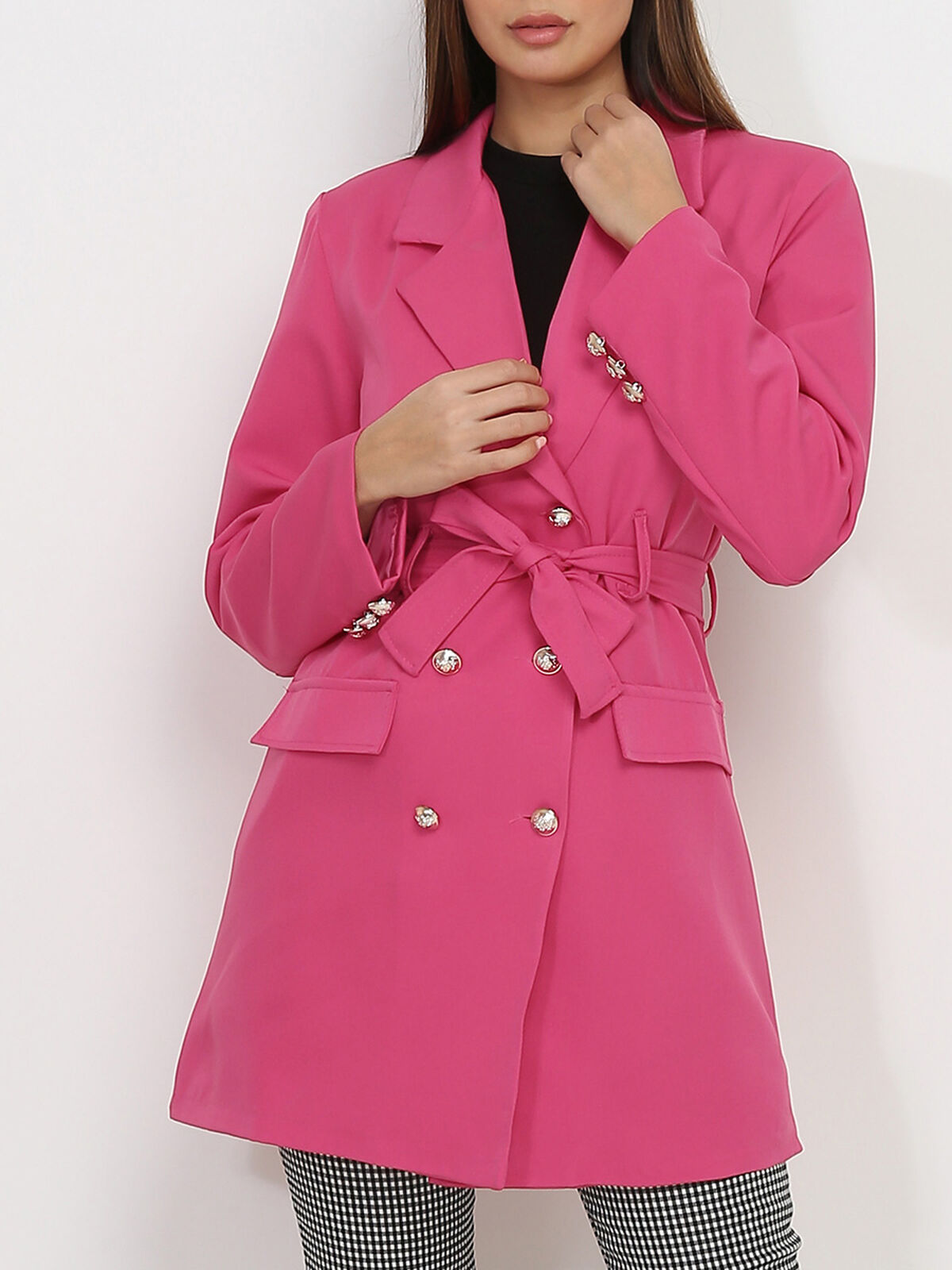 Blazer long ceinturé à boutons officier- Fuchsia