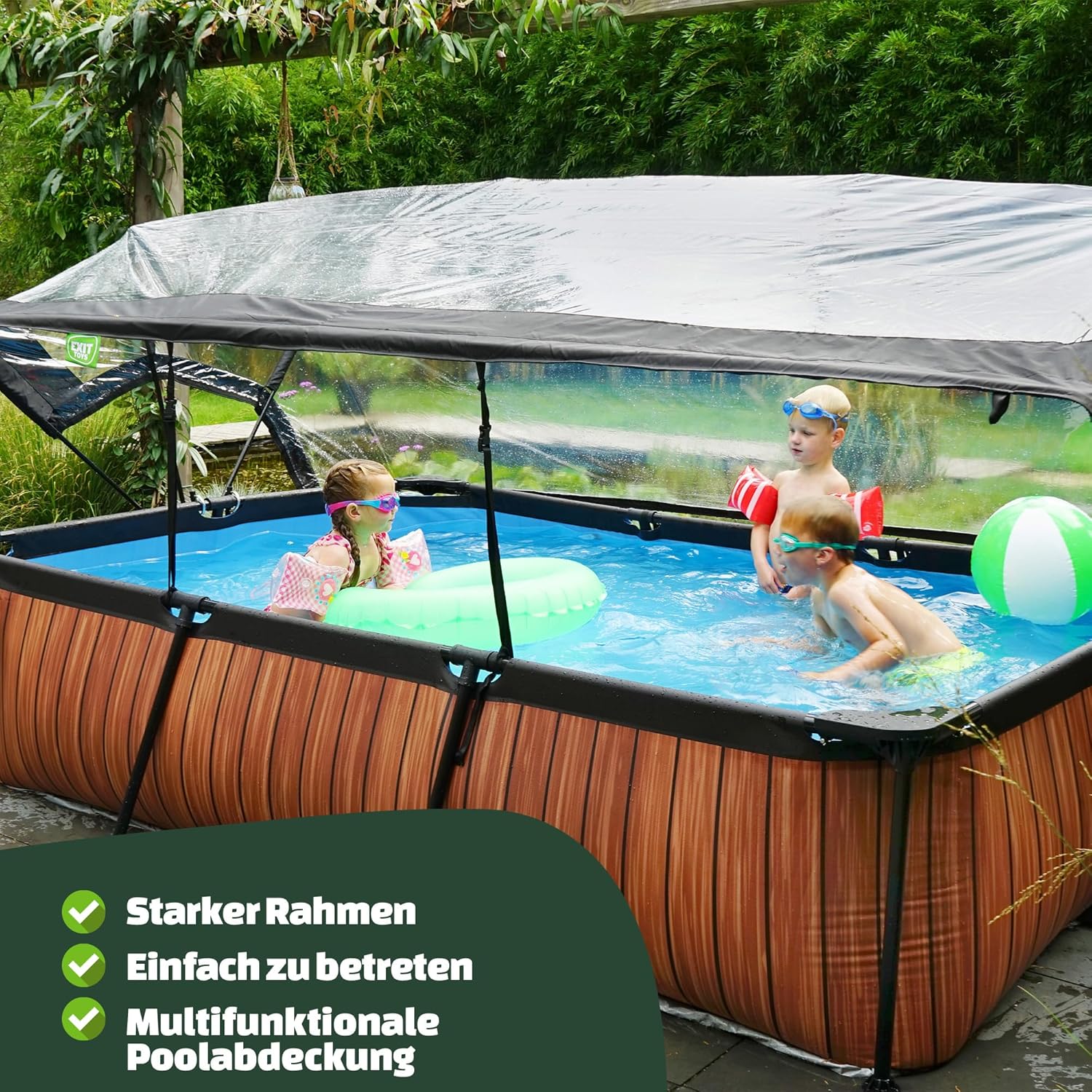 EXIT Toys Lime Pool mit Multifunktionale Abdeckung - 300x200x65cm - Rechteckiger, Kompakter Rahmenpool mit Kartuschenfilterpumpe - Leicht Zugänglich - Für Sauberes und Warmes Poolwasser - Grün