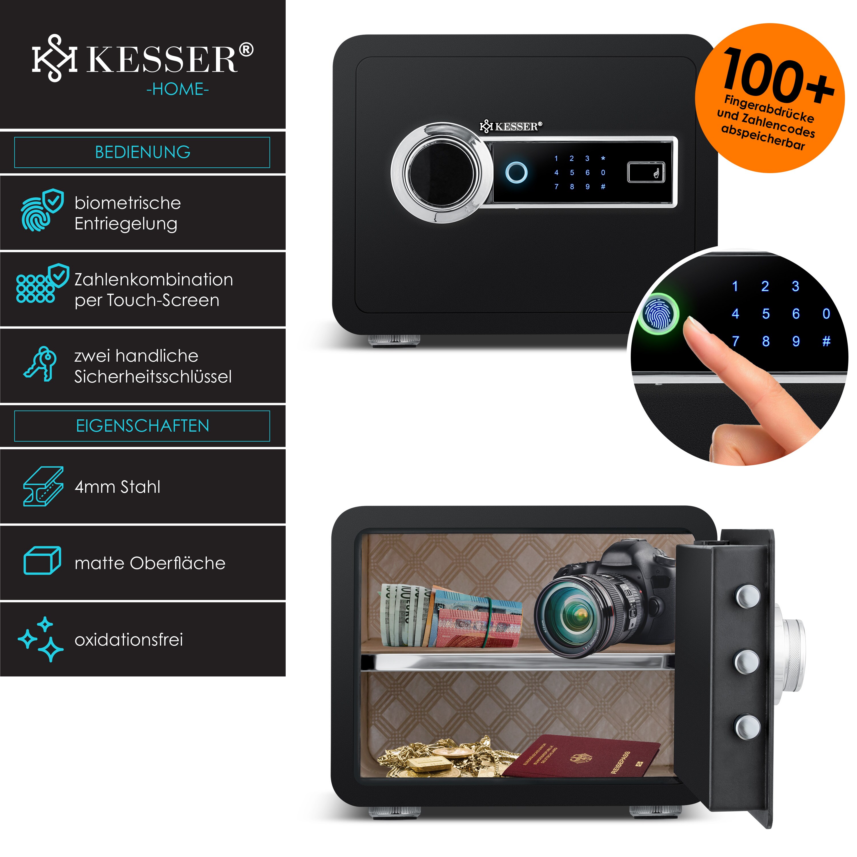 KESSER® Elektr. Tresor mit Fingerabdruck | Inkl. Batteriebox | Elektronischer Safe | 3x Doppelbolzenverriegelung | Boden Wandtresor | Möbeltresor | Beleuchtung | Panzerschrank Zahlenschloss