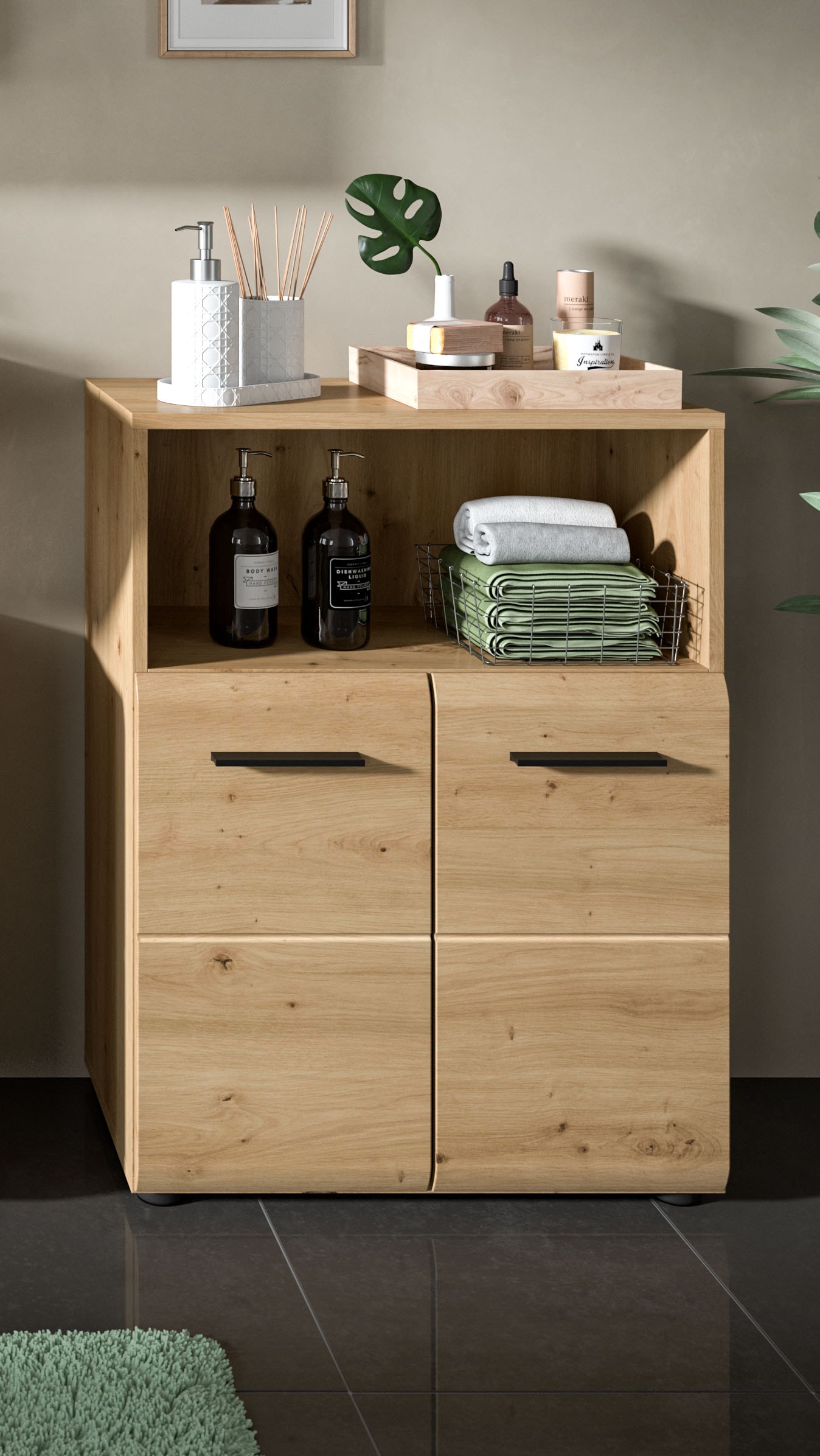 welltime Stauraumschrank »FLORENZ, TOPSELLER!, Breite 60 cm, 2 Türen, 1 Fachboden, 1 offene Fach« TOPSELLER!,  hochwertige MDF Front, Griff schwarz, Badschrank, Bad
