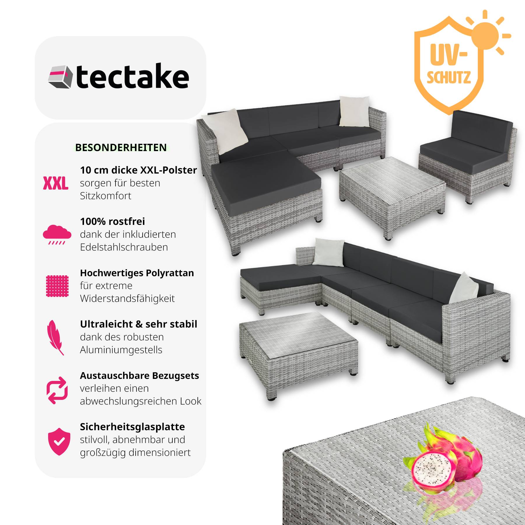 tectake® Rattan Lounge, mit Aluminiumgestell, wetterfest und UV-beständig, mit Sicherheitsglasplatte
