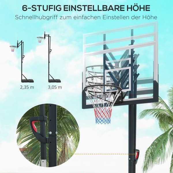 Basketballkurve høydejusterbar 295-365 cm med stativ og hjul, basketballsystem for utendørs, solid stål