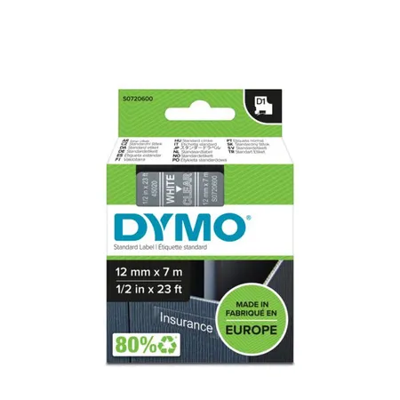 Dymo D1-Schriftband weiß auf transparent, 12 mm x 7 m