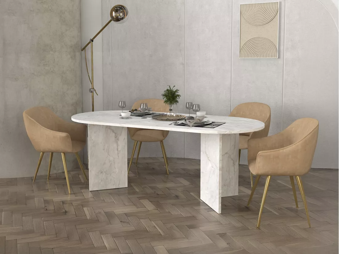 Table à manger 8 personnes - Effet marbre blanc - TOPANIA