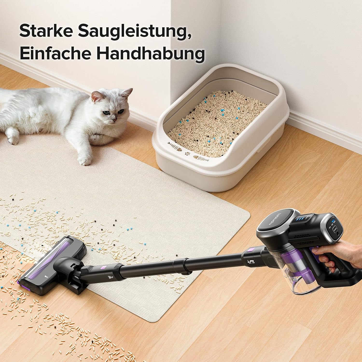 Lubluelu Akku-Staubsauger Kabelloser Staubsauger mit starker Saugleistung, Bis zu 50 Min Laufzeit, Freistehender Akkusauger für Tierhaare, Teppiche & Harte Böden