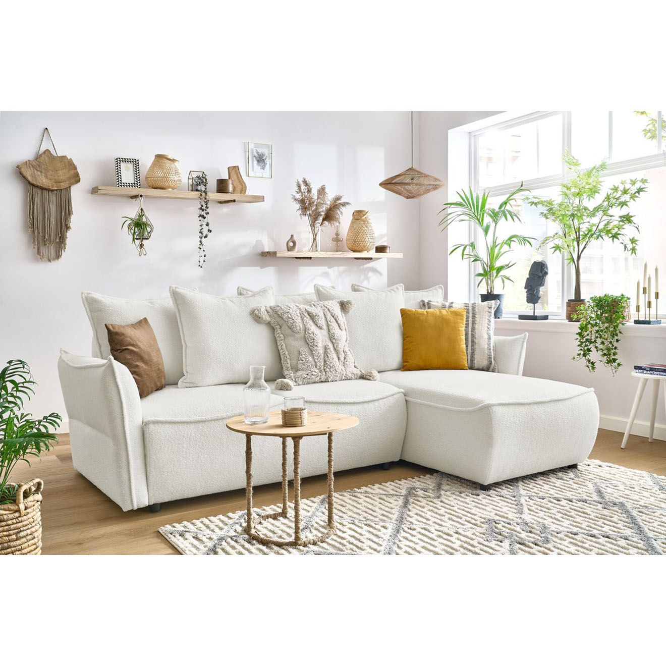 Bobochic Canapé d'angle droit convertible bouclette Léon blanc - 242x158x90 cm