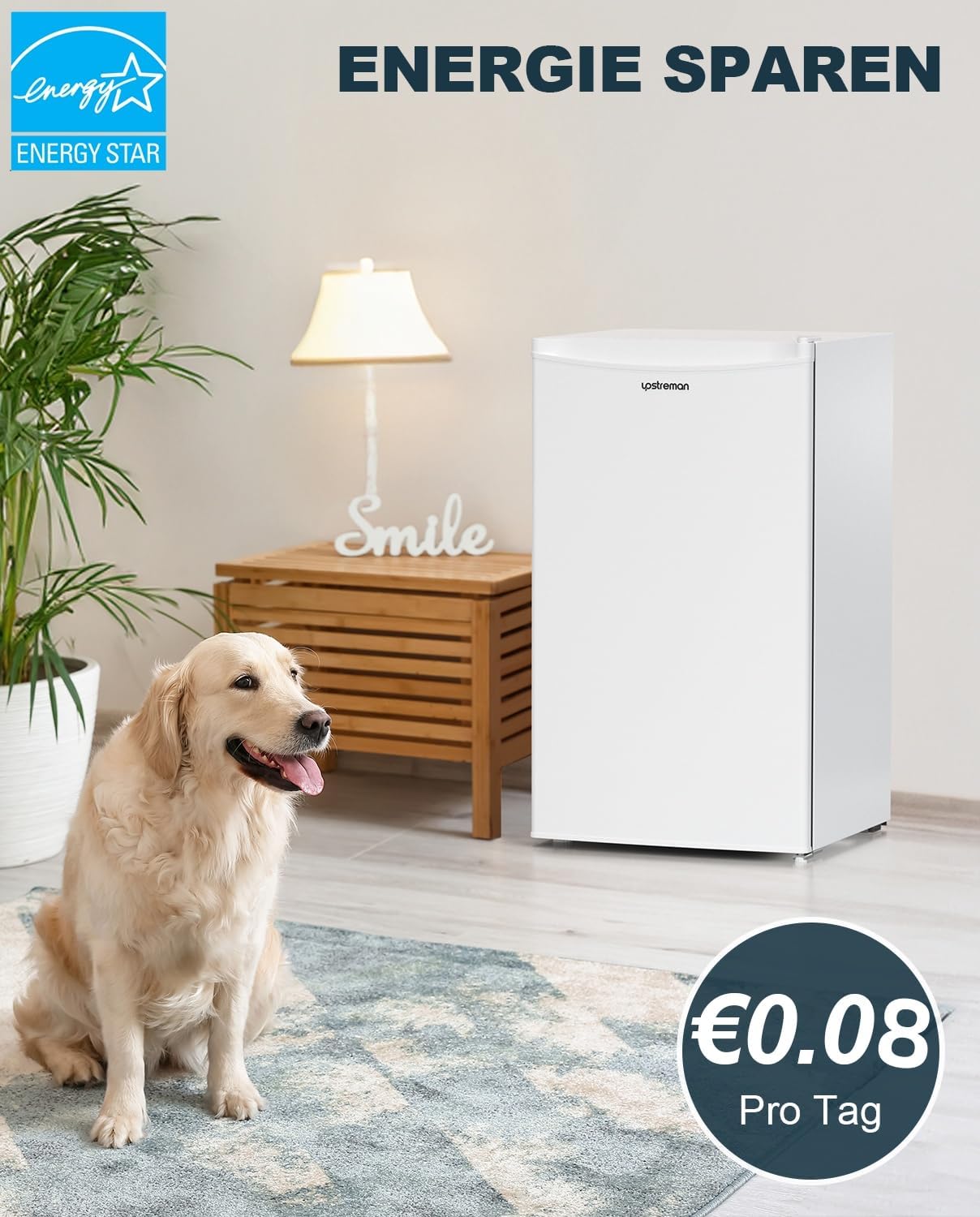 Upstreman 91L Kleiner Kühlschrank mit Schnellkühlfach, 5 Temperaturstufen (1-8℃), Energieeffizient, 41 dB Leiser Betrieb, Kompakt Geräumig für Studentenwohnheim/Büro