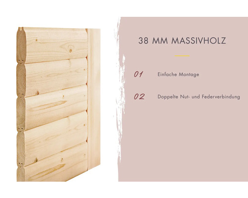 Karibu Sonja blokhutsauna inclusief 9 kW biokachel en externe regeling, zonder dakrand, met houten deur en isolatieglas, thermisch geïsoleerd.