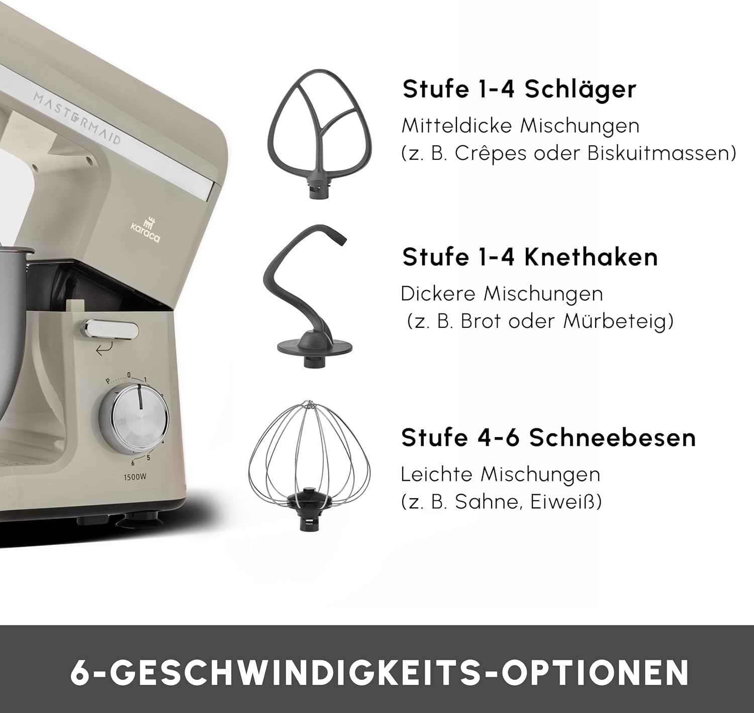 Karaca Mastermaid Chef Pro Double Armed Küche Koch 1500W Soft Cream, Glänzend Cream, 1500W, 5 L Mixer, Food Processor, Geschwindigkeitseinstellung, Knethaken, Verquirlen, Kneten und Mischen