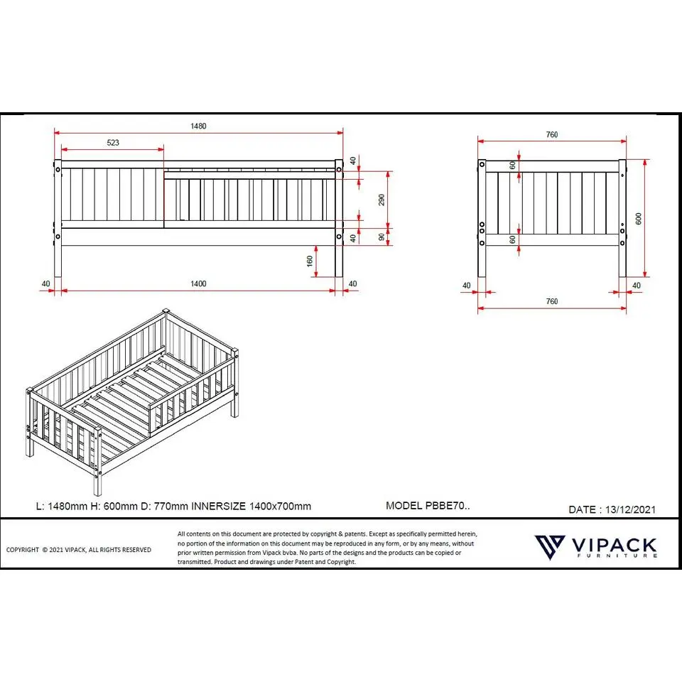 Peuterbed Petronille 70 x 140cm dennenhout - wit