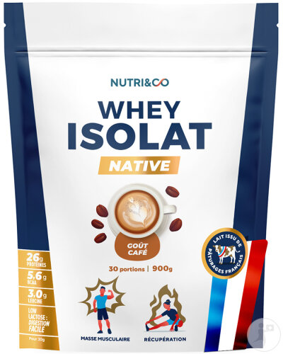 Nutri&Co Protéines Whey Isolat Native En Poudre Goût Café 900g