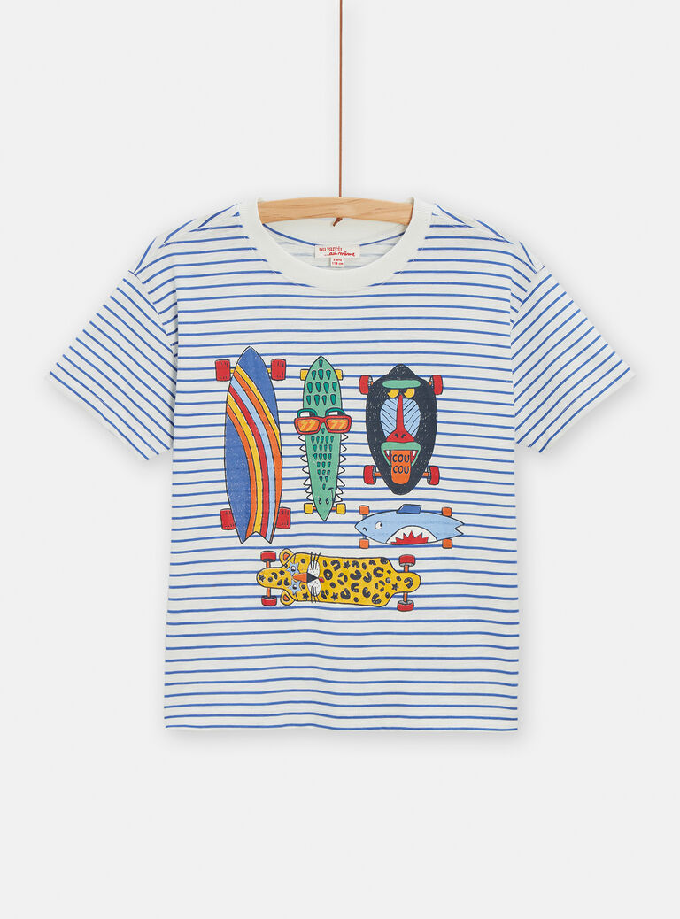 T-shirt écru rayé animation skateboard pour garçon