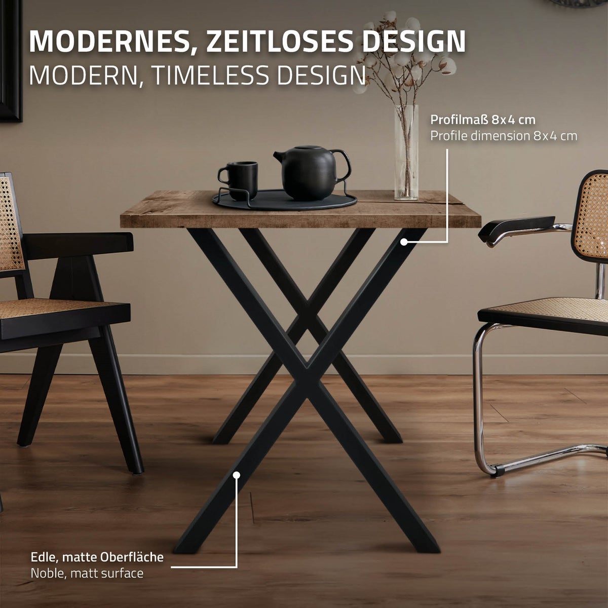ECD Germany 2x Tafelpoten X-Design X-vorm, 60 x 72 cm, Zwart, Gepoedercoat Staal, Industrieel Design, Metalen Tafelsleden, Tafelonderstel, Tafelframe, Meubelpoten, voor Eettafel en Bureau