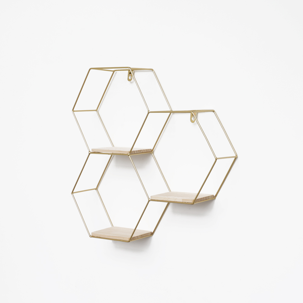 Etagère murale triple hexagonale en métal - 40,5x41 cm - or