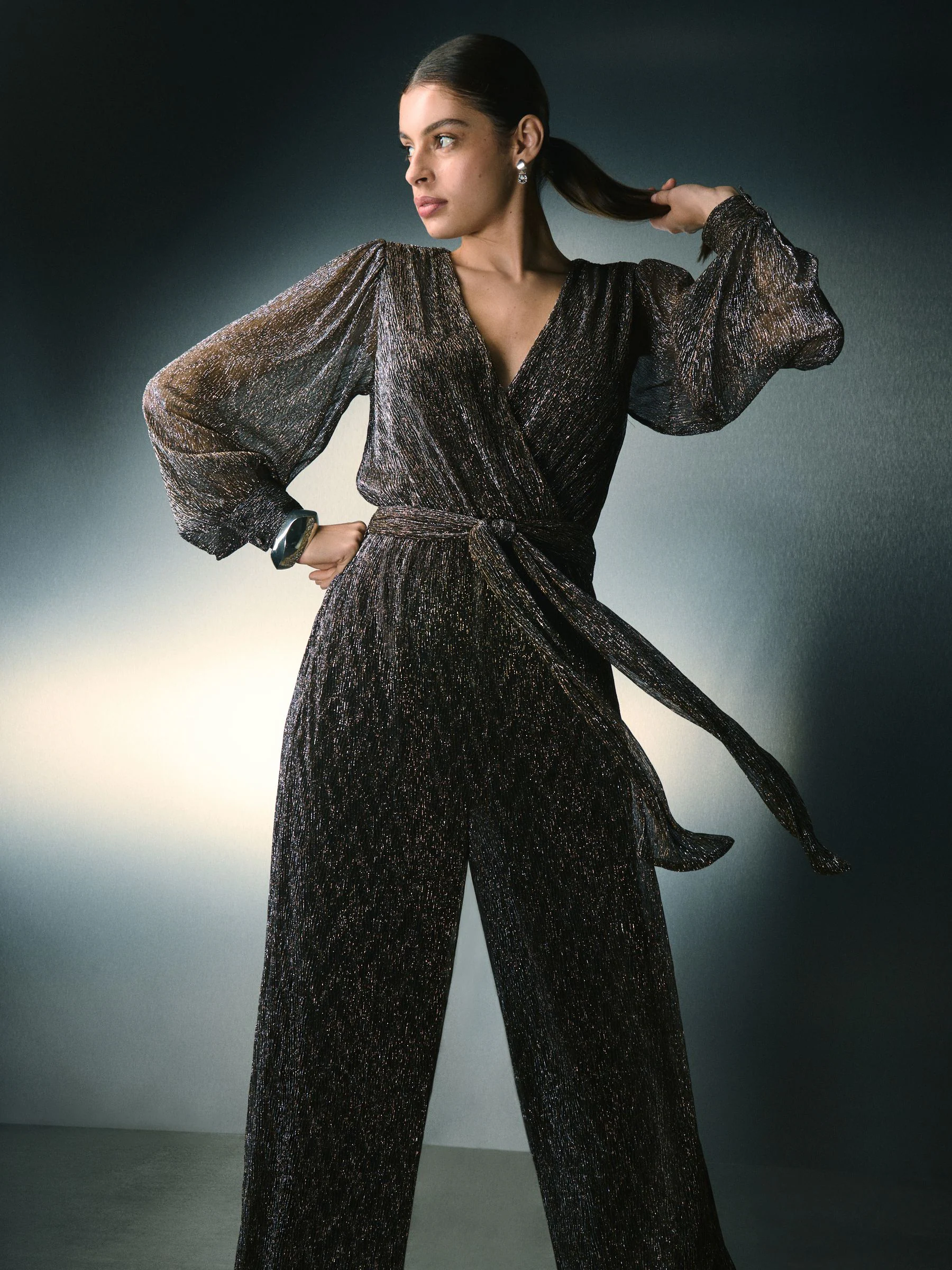 Gold Sparkle Plisse - Tie-Waist Wrap Jumpsuit