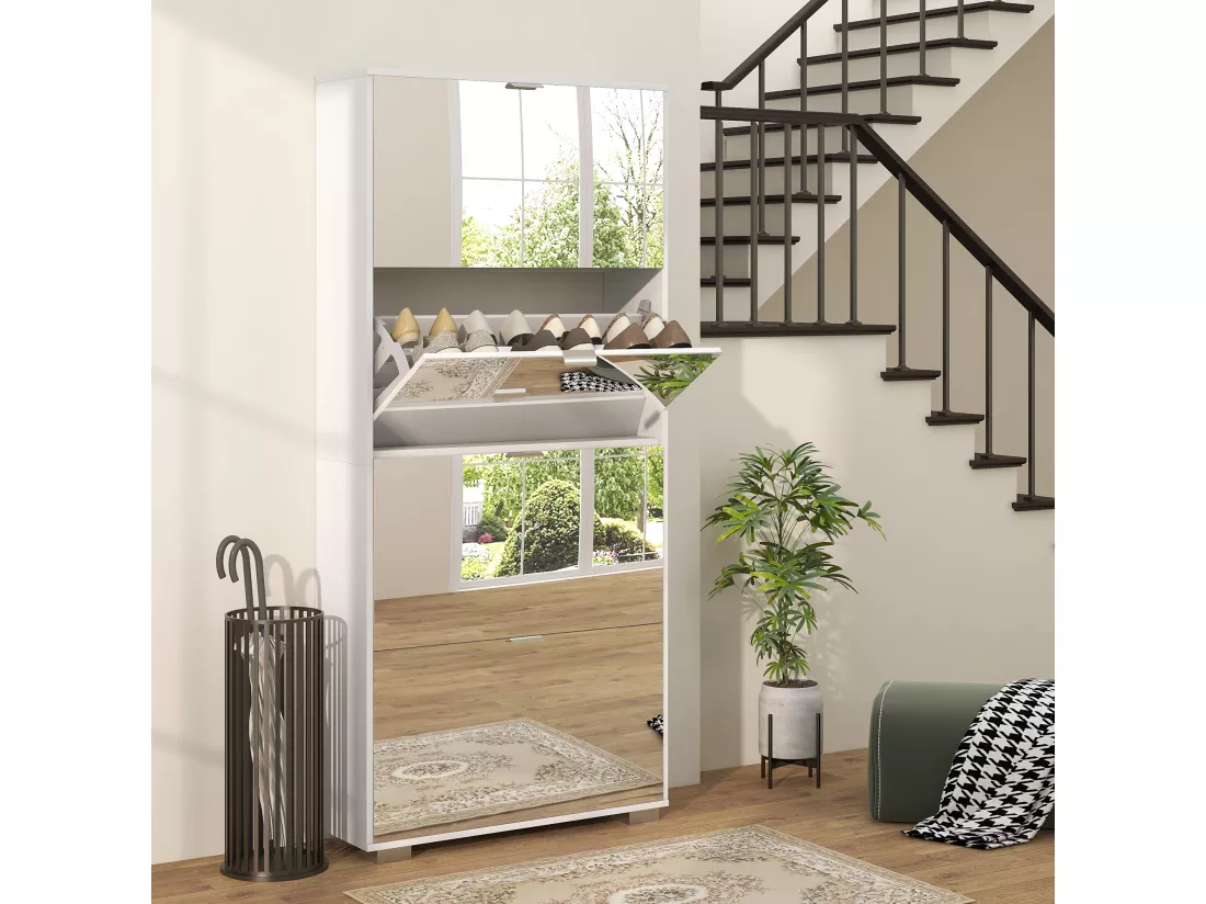 Meuble à chaussures grand miroir 2 en 1 - 4 portes abattantes, étagères réglables - blanc verre