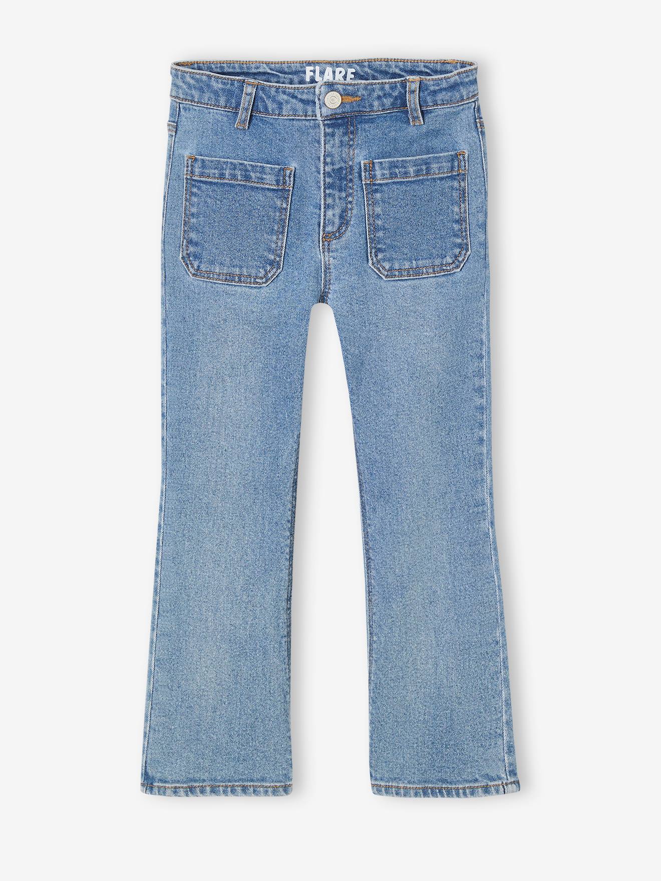 Calça jeans azul boca de sino estilo pirata para meninas