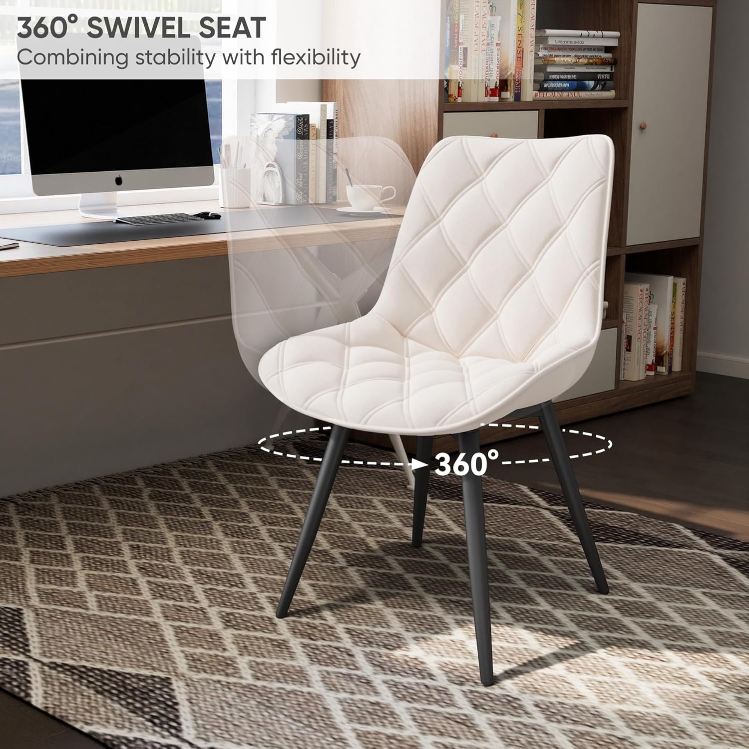 Esszimmerstuhl 360° Drehstuhl Polsterstuhl drehbar, künstlicher Stoff Dining Chair, Küchenstuhl mit Rückenlehne, Moderne Sessel, Weiß, 2er Set