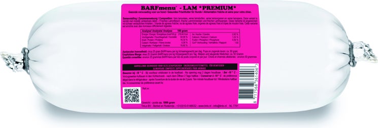 BARFmenu diepvries hondenvoer lam Premium 1 kg