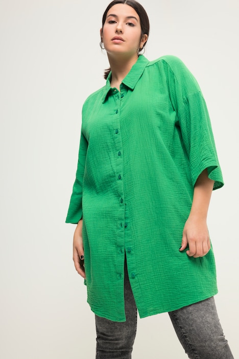 Long-Musselinhemd, oversized, Hemdkragen, Halbarm