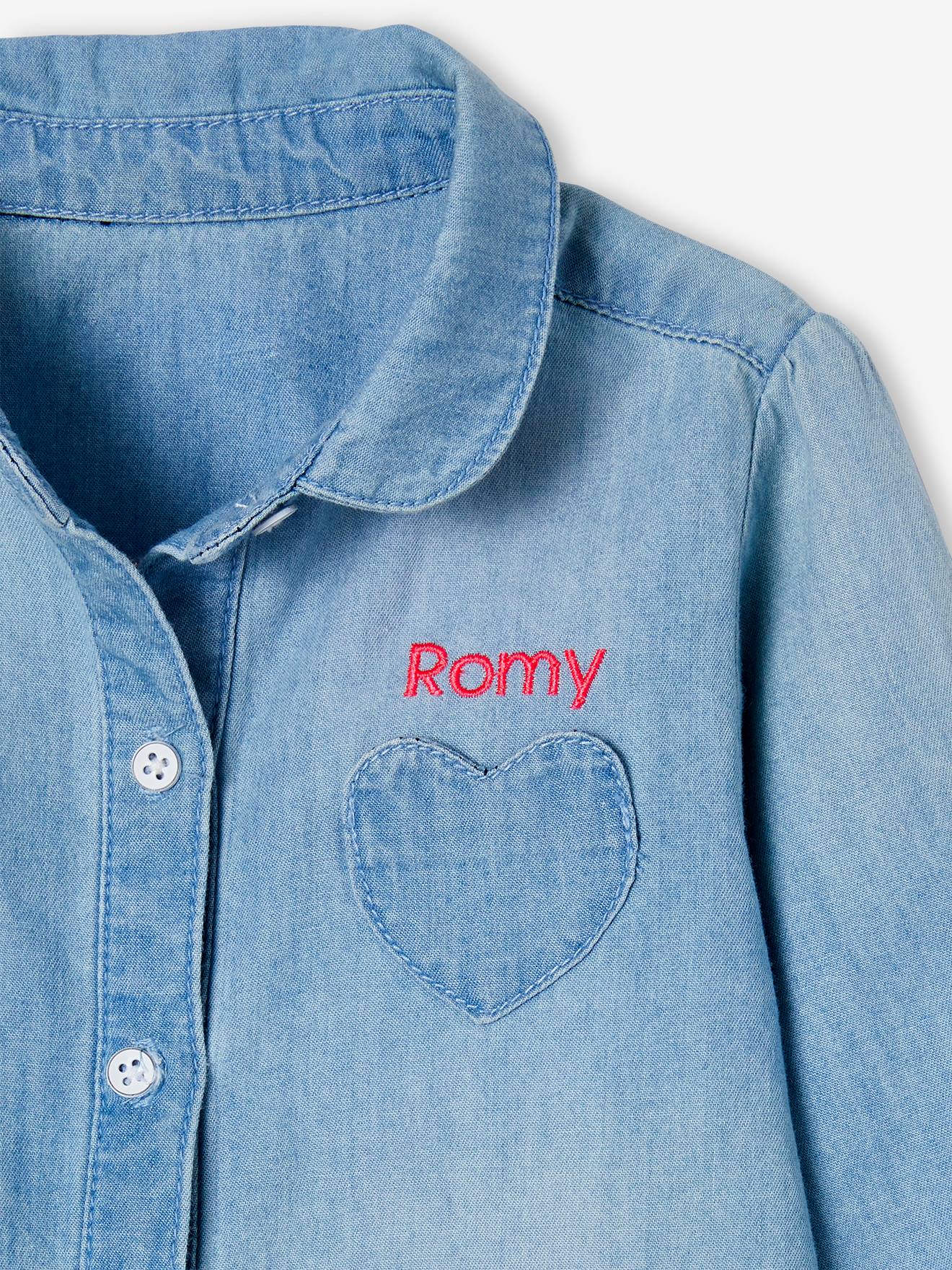 Camisa jeans lavada, personalizável, para bebê menina, lavagem azul clara