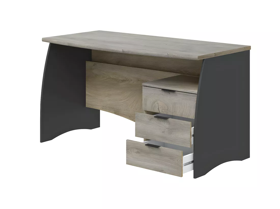 Bureau avec caisson de 3 tiroirs coloris chêne nœuds alaska / gris anthracite - Hauteur 74 x Largeur 136 x Profondeur 67 cm
