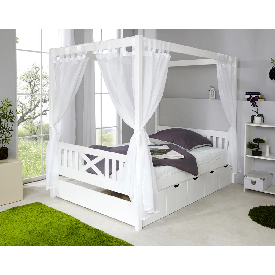 TiCAA Himmelbett Lino weiß mit 5 Schubladen