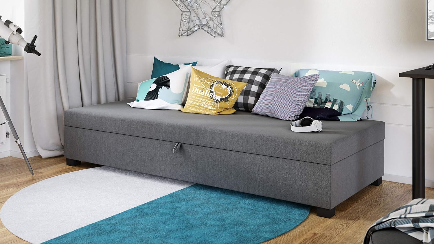 Einzelbett Misti - Sofa mit Bettkasten, Schlafsofa, Bettsofa, Farbauswahl, Bettgestell, Komfortbett, Bett für Jugendzimmer, Schlafmöbel (Grau (Lux 05))