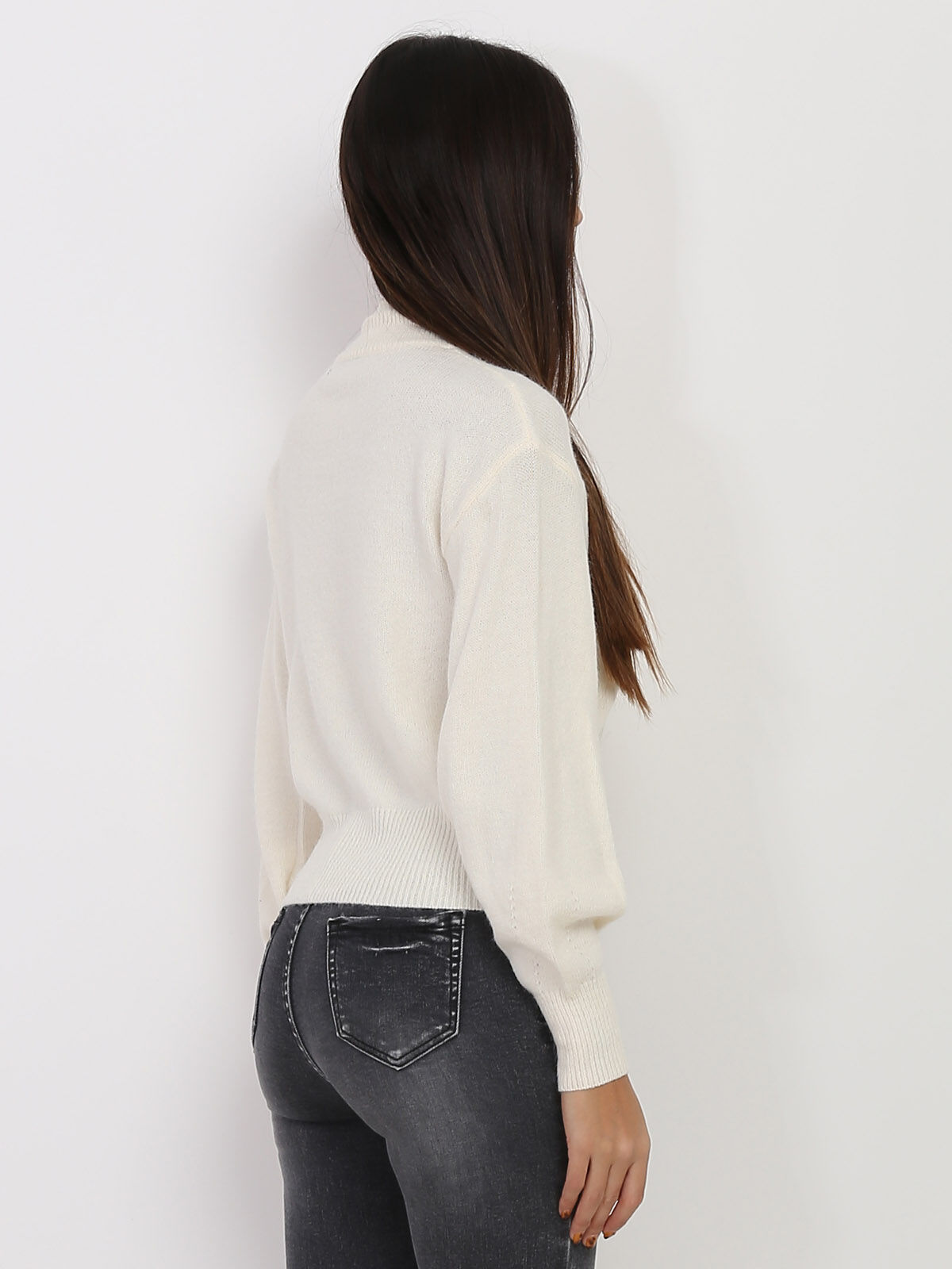 Pull à col montant et manches bouffantes- Beige