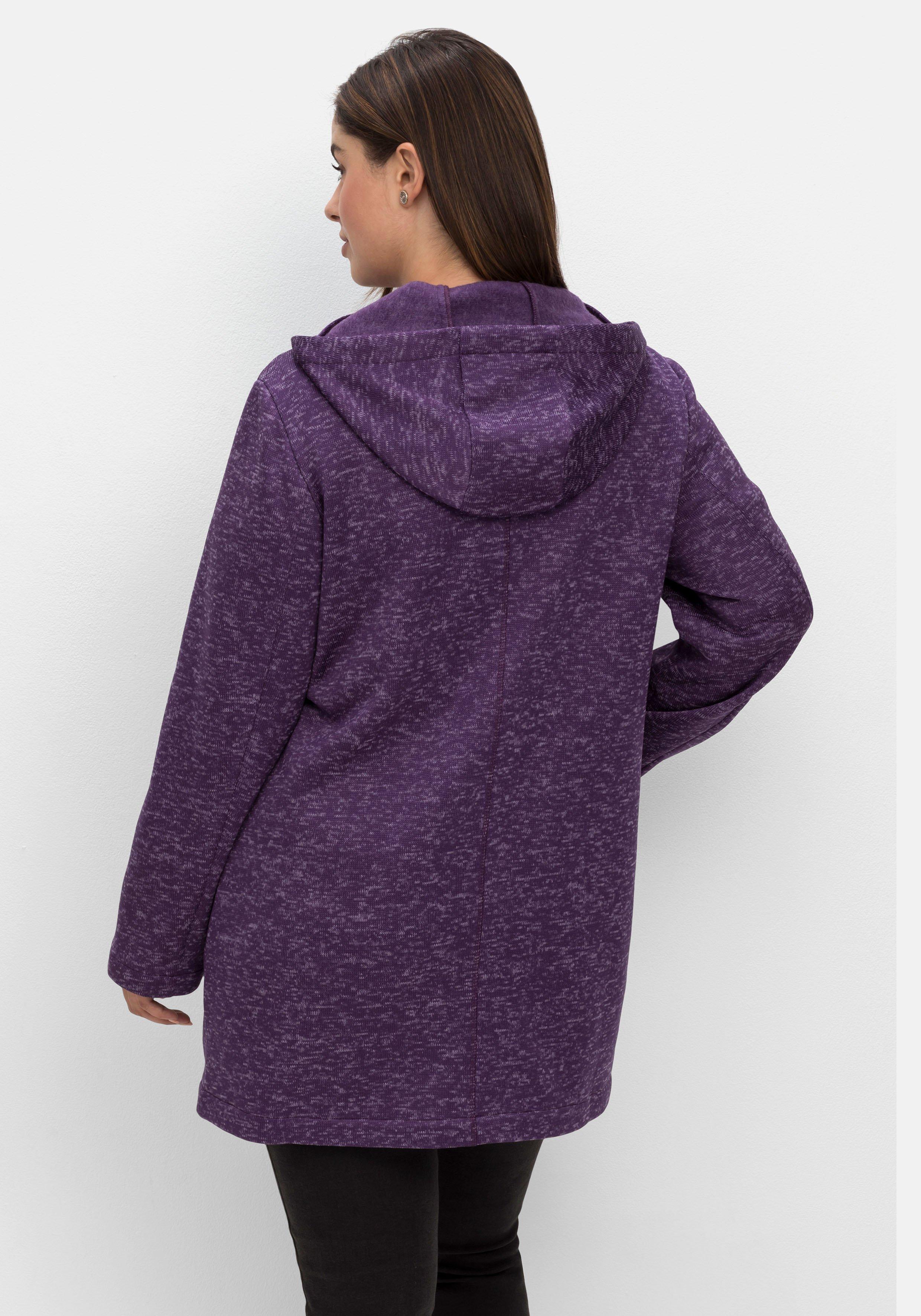 Lange melierte Strickfleecejacke mit Kapuze