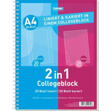 Toppoint Collegeblock DIN A4, Duo kariert+ liniert