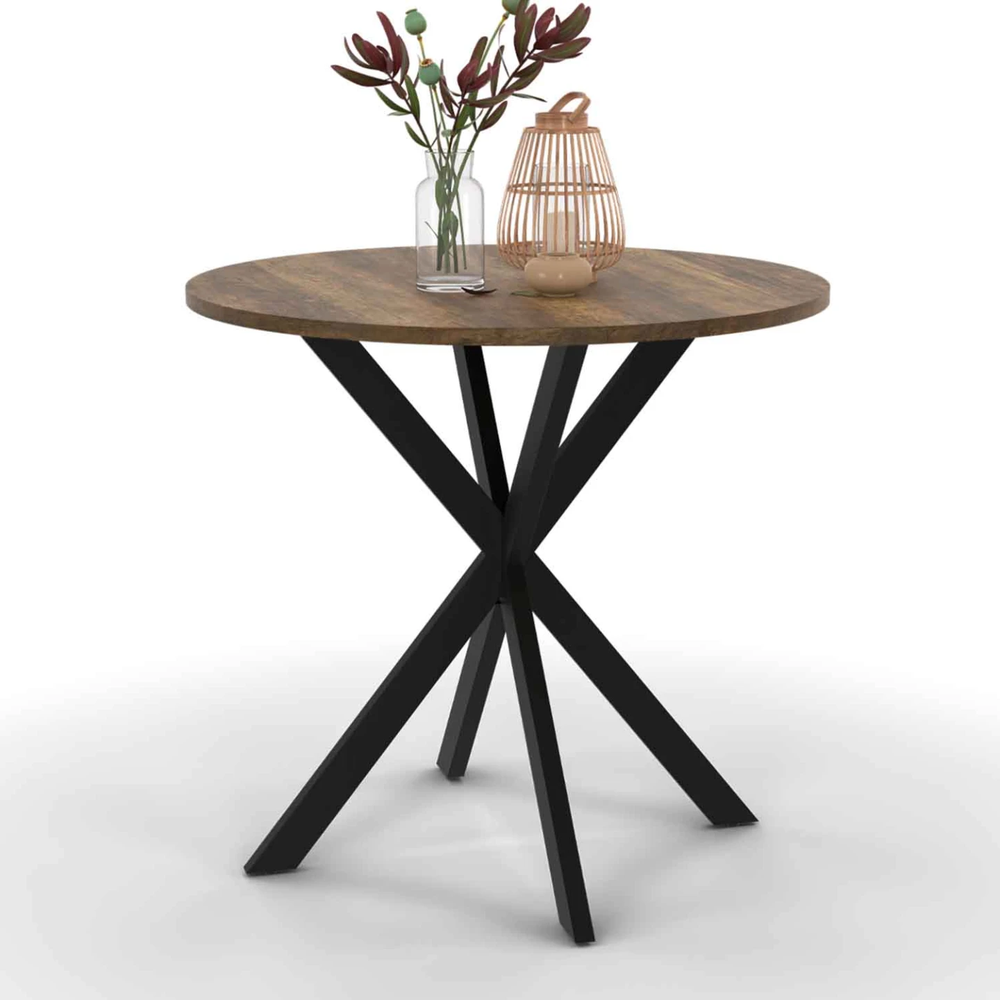 Table à manger ronde ALIX plateau HAWKINS 4 personnes pied araignée bois foncé et noir 80 cm
