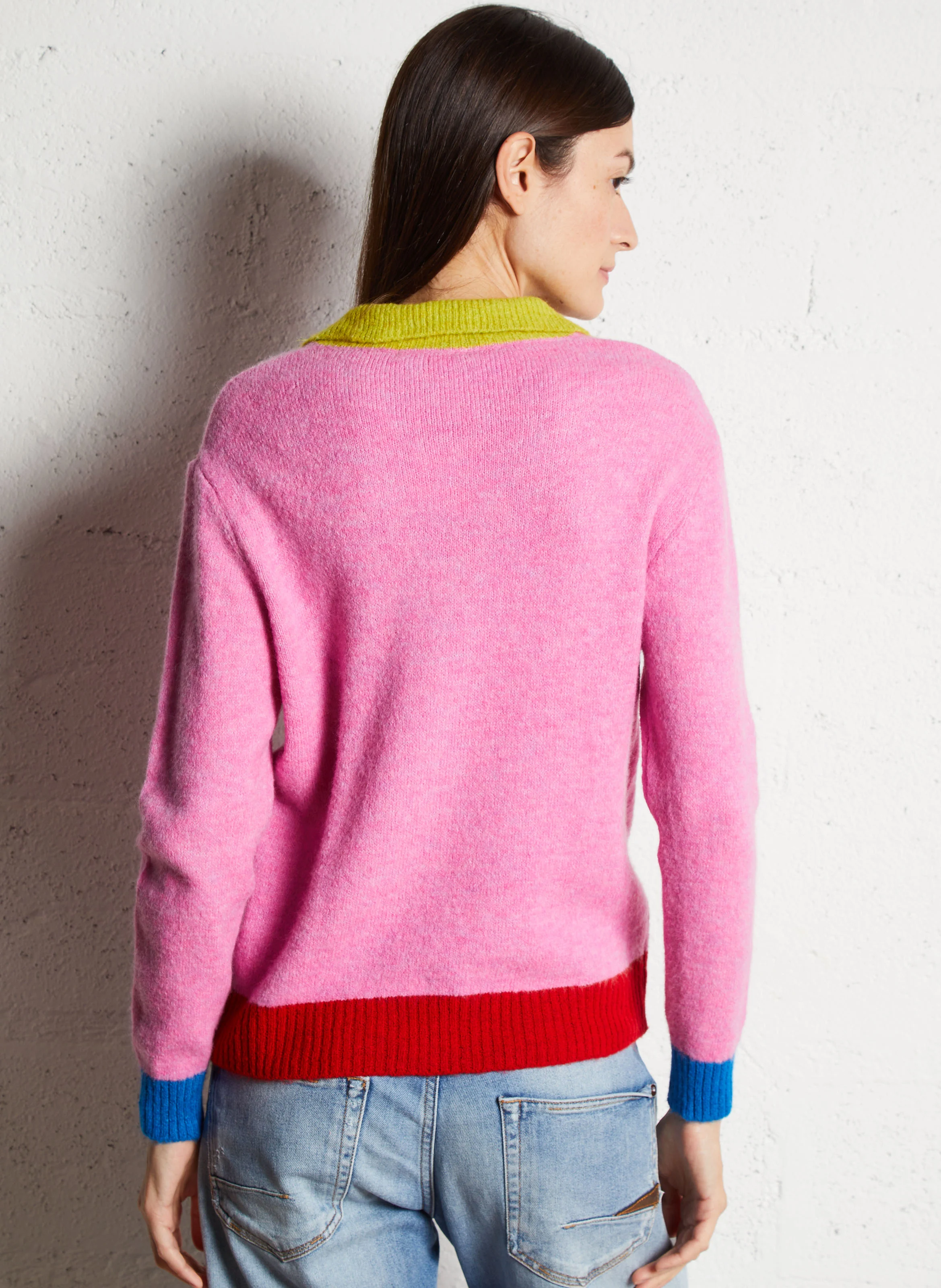 DANZA - Pull droit col classique tricolore | Rose