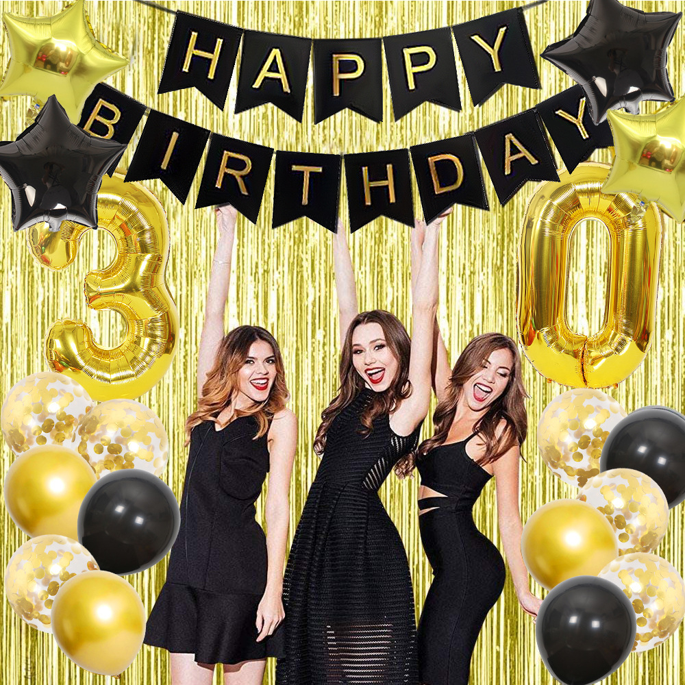 (53-tlg. Set) Happy Birthday Girlande 20. Geburtstag Party Deko   Latex- und Folienballons / Konfetti Ballons / Lametta Vorhang - Gold / Schwarz