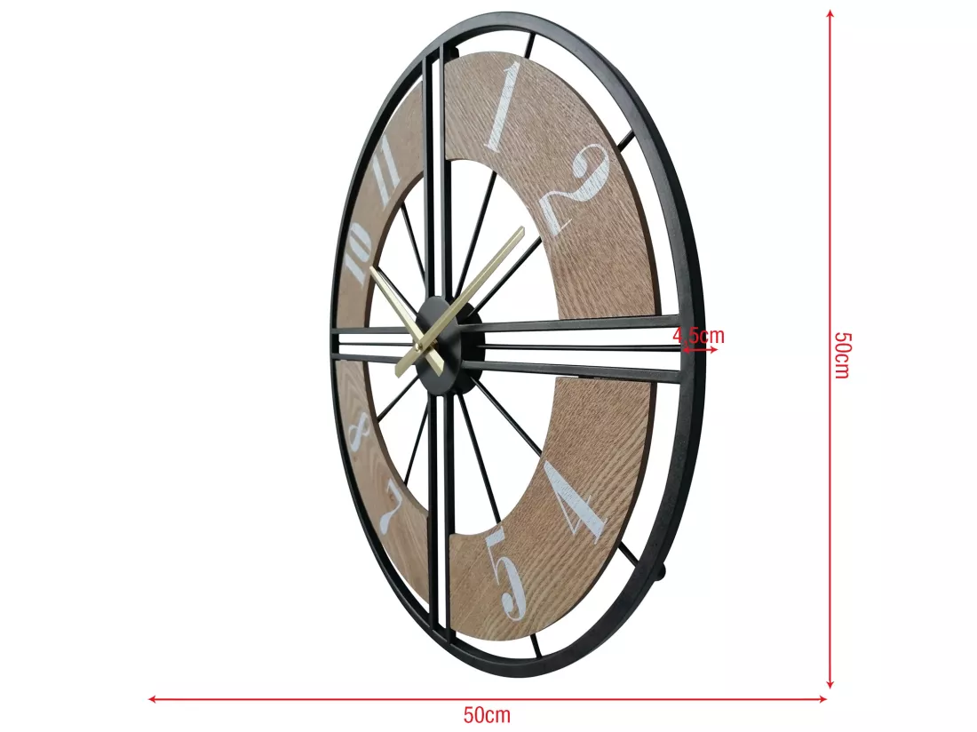 Horloge Murale Décorative Horloges Rondes Mdf Métal Noir Brun 50 cm