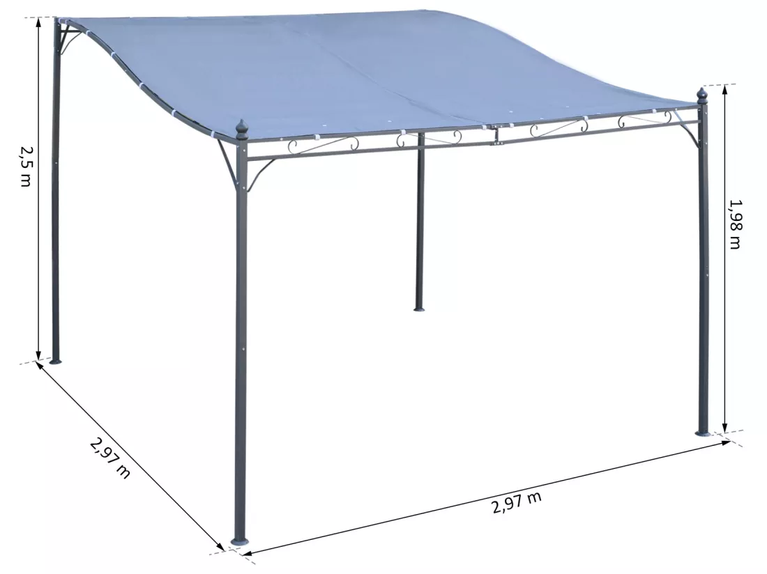 Pergola tonnelle de jardin auvent 2,97 x 2,97 m adossable métal noir polyester anti-UV gris