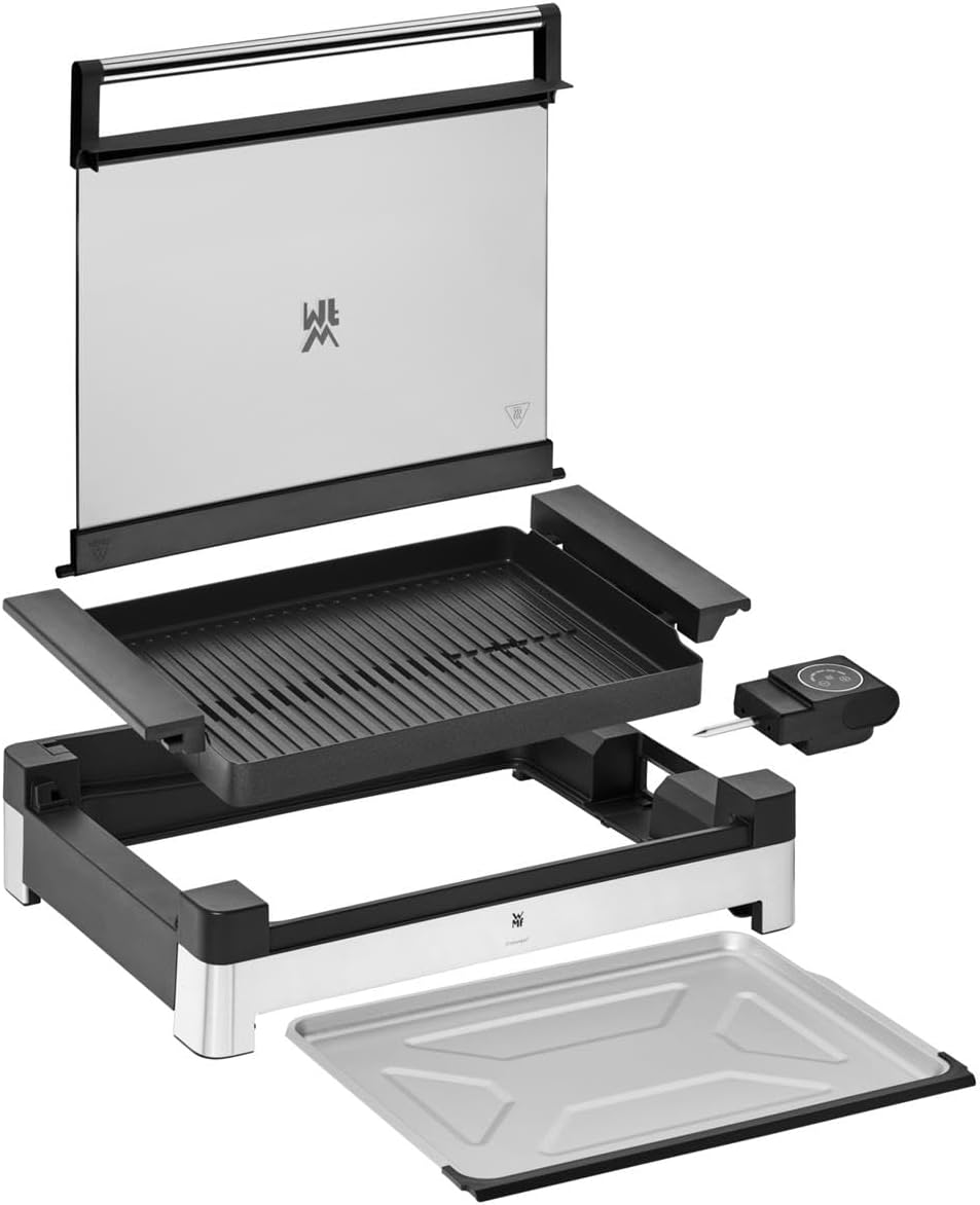 WMF Lono Barbecue électrique de table, en acier inoxydable mat, avec couvercle en verre, 2200 W, plaque de cuisson revêtue