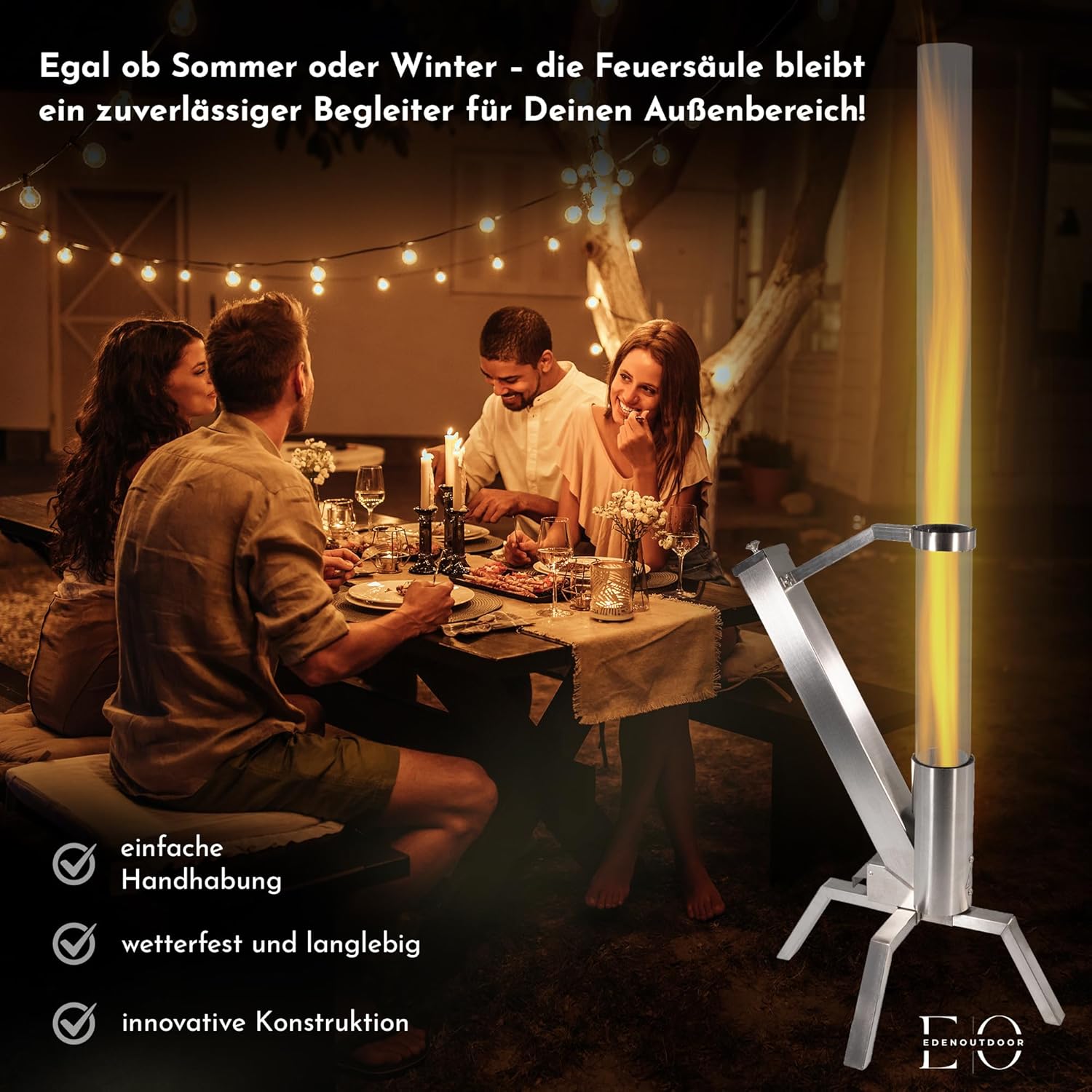 Pelletfackel Edelstahl mit Glasröhre, Feuerrohr Feuersäule mit ca. 75 Minuten Brenndauer, dekoratives Pelletfeuer für Garten & Terrasse, wetterfestes Terrassenfeuer für gemütliche Abende