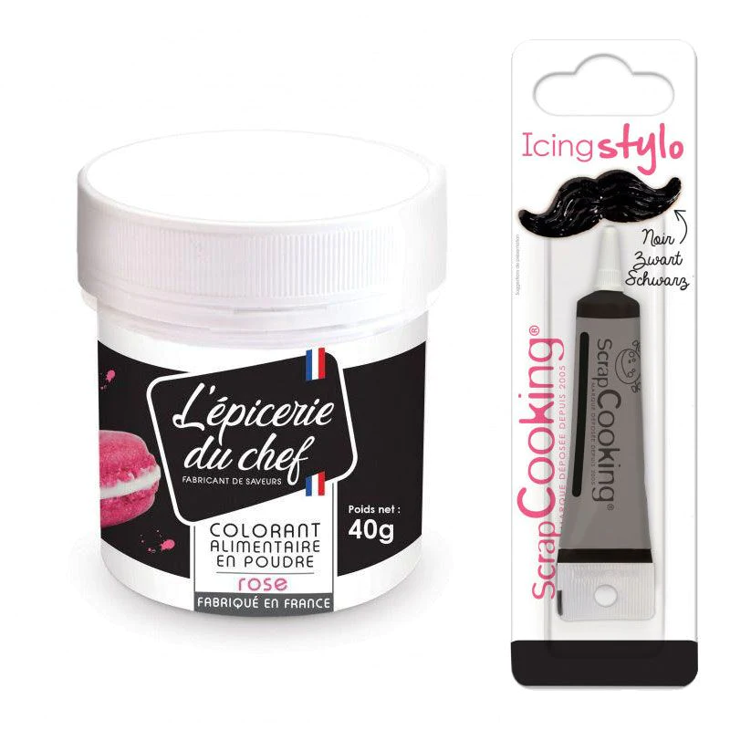Colorant alimentaire en poudre rose 40 g + Stylo glaçage noir Scrapcoo