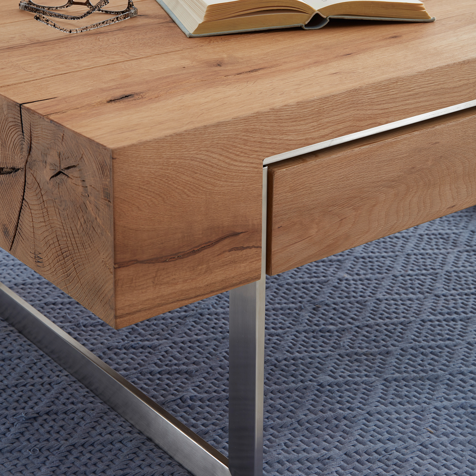 Couchtisch - Eiche natur-Edelstahl - Massivholz - mit Schublade