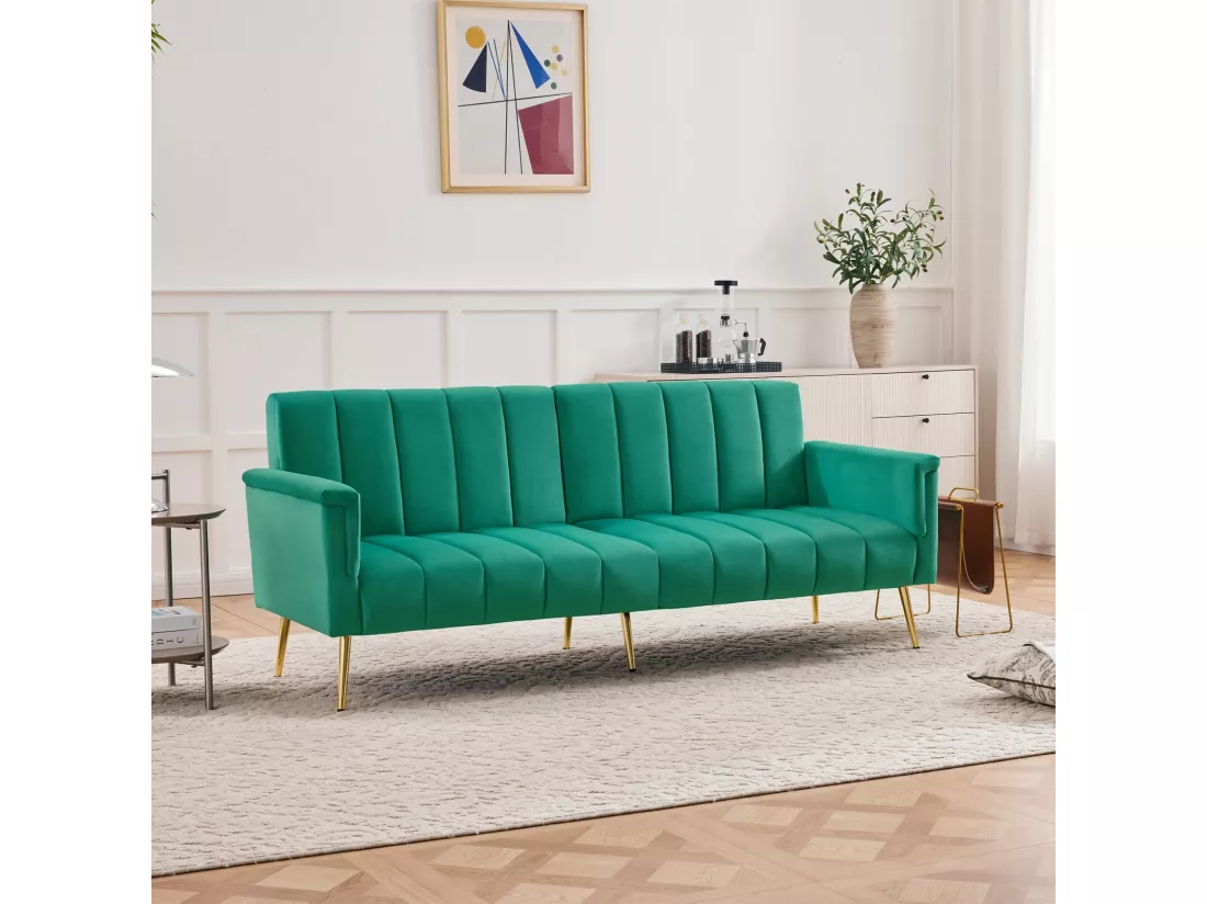 Canapé 4 places convertible express en velours vert, avec pieds auxiliaires, Couchage 220x104cm, charge max 150kg, 183x76x75cm